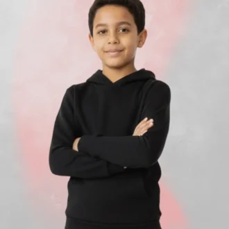Kid wearing a plain black sweatshirt with a simple, clean design.