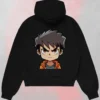 Oversized black hoodie seen from the back featuring a cute yet angry Chibi Angry Anime Back Print Hoodie character graphic print.
