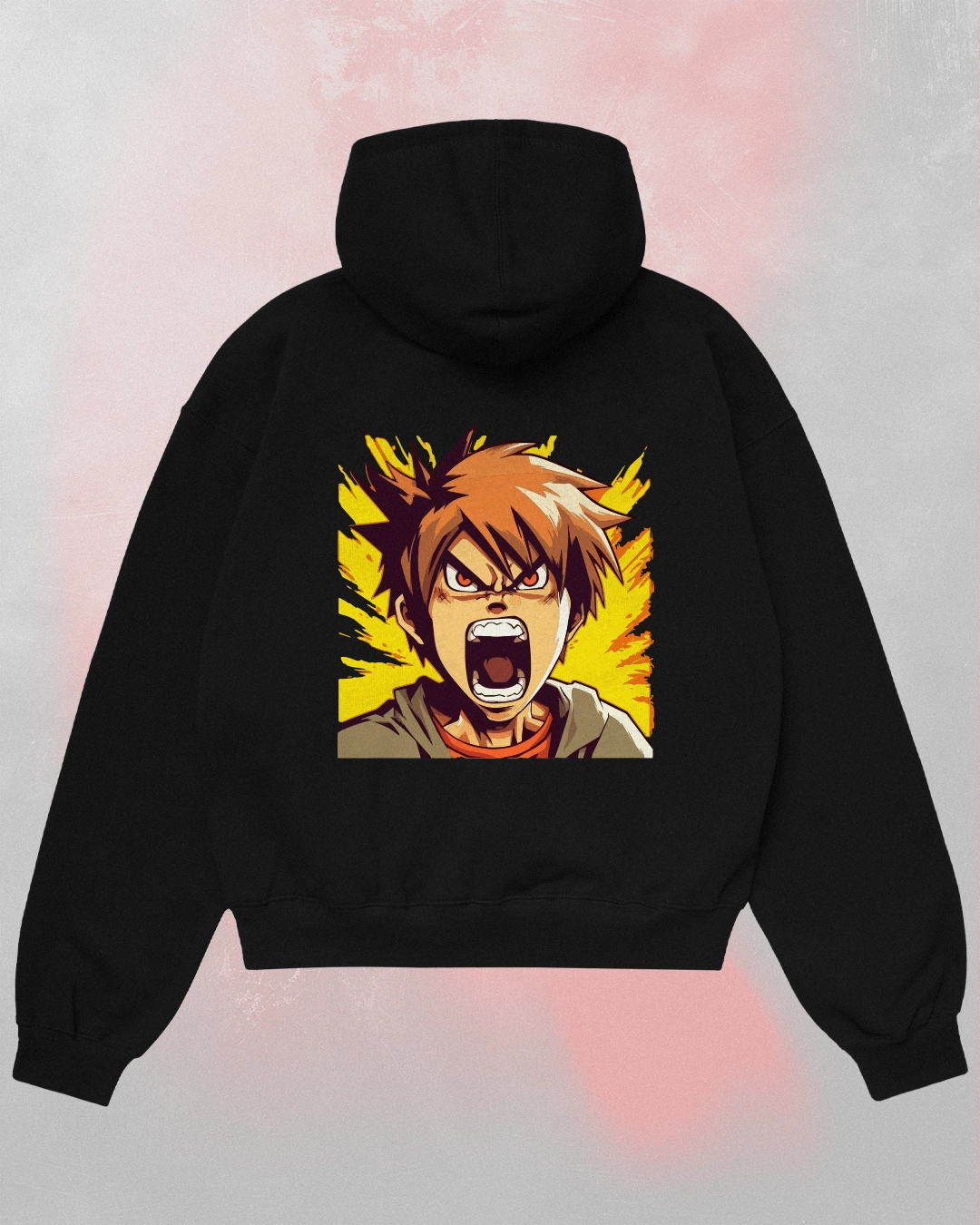 Oversized Aggressive Anime Hoodie Back Printو seen from the back featuring a powerful, aggressive manga character graphic print.
