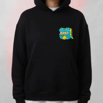 Black Dinosaur Head Hoodie seen from the front featuring a vibrant, colorful cartoon dinosaur head printed on the chest.