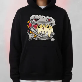 Black Dinosaur Printed Hoodie seen from the front featuring a cartoon graphic of a creamy character wearing a T-Rex robot costume.