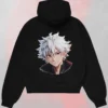 Oversized blackKaisar Jahat Anime Black Hoodie seen from the back featuring the white hair character print.