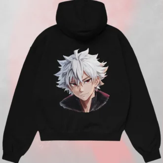 Oversized blackKaisar Jahat Anime Black Hoodie seen from the back featuring the white hair character print.