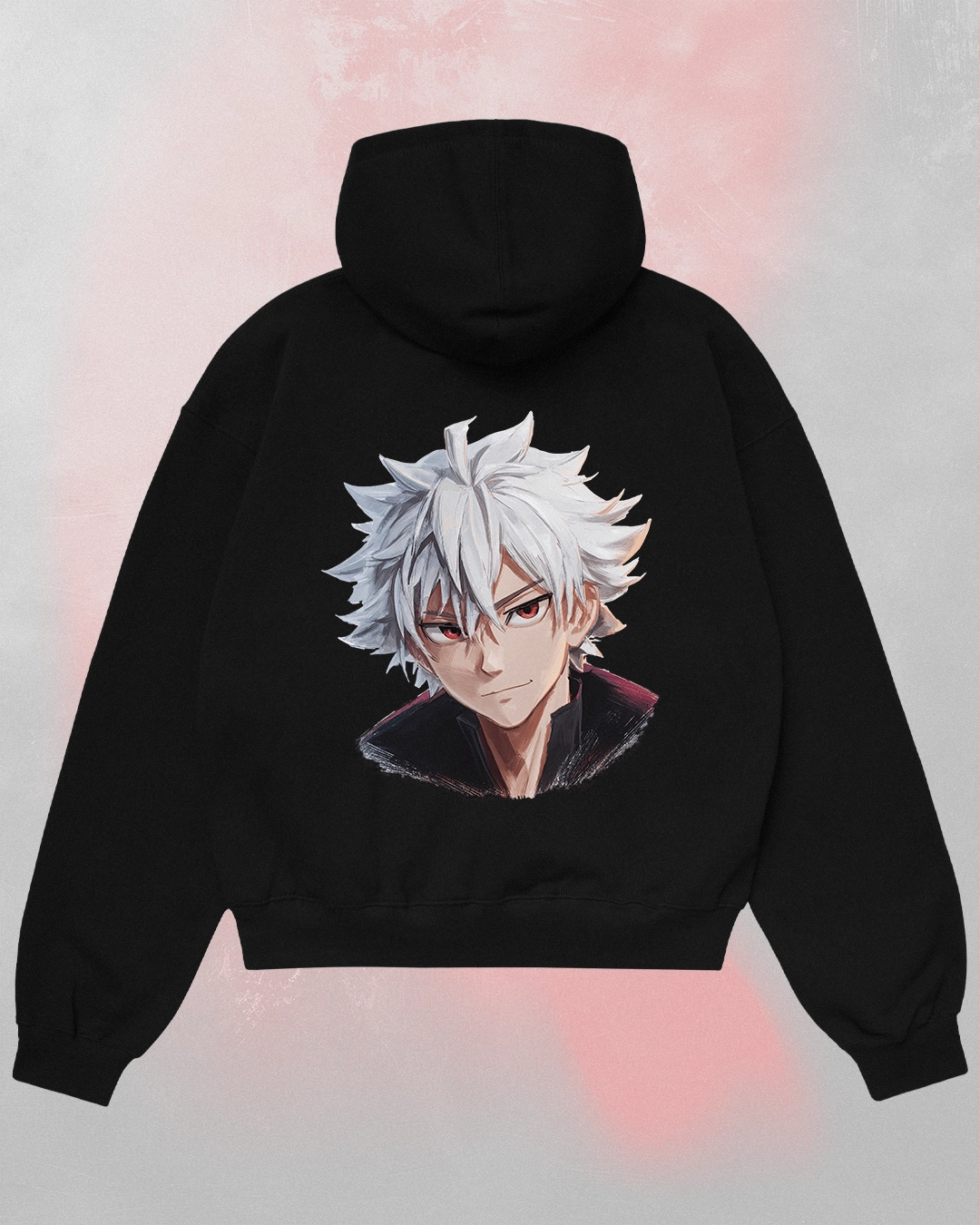 Oversized blackKaisar Jahat Anime Black Hoodie seen from the back featuring the white hair character print.