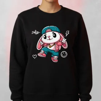 Model wearing a black sweatshirt with a cute pink-and-teal street-style Bunny Cartoon Sweatshirt graphic.