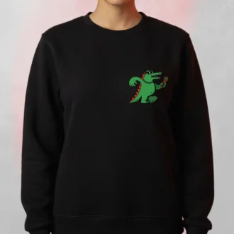black sweatshirt with a Cartoon Crocodile Mic Sweatshirt printed on the chest.