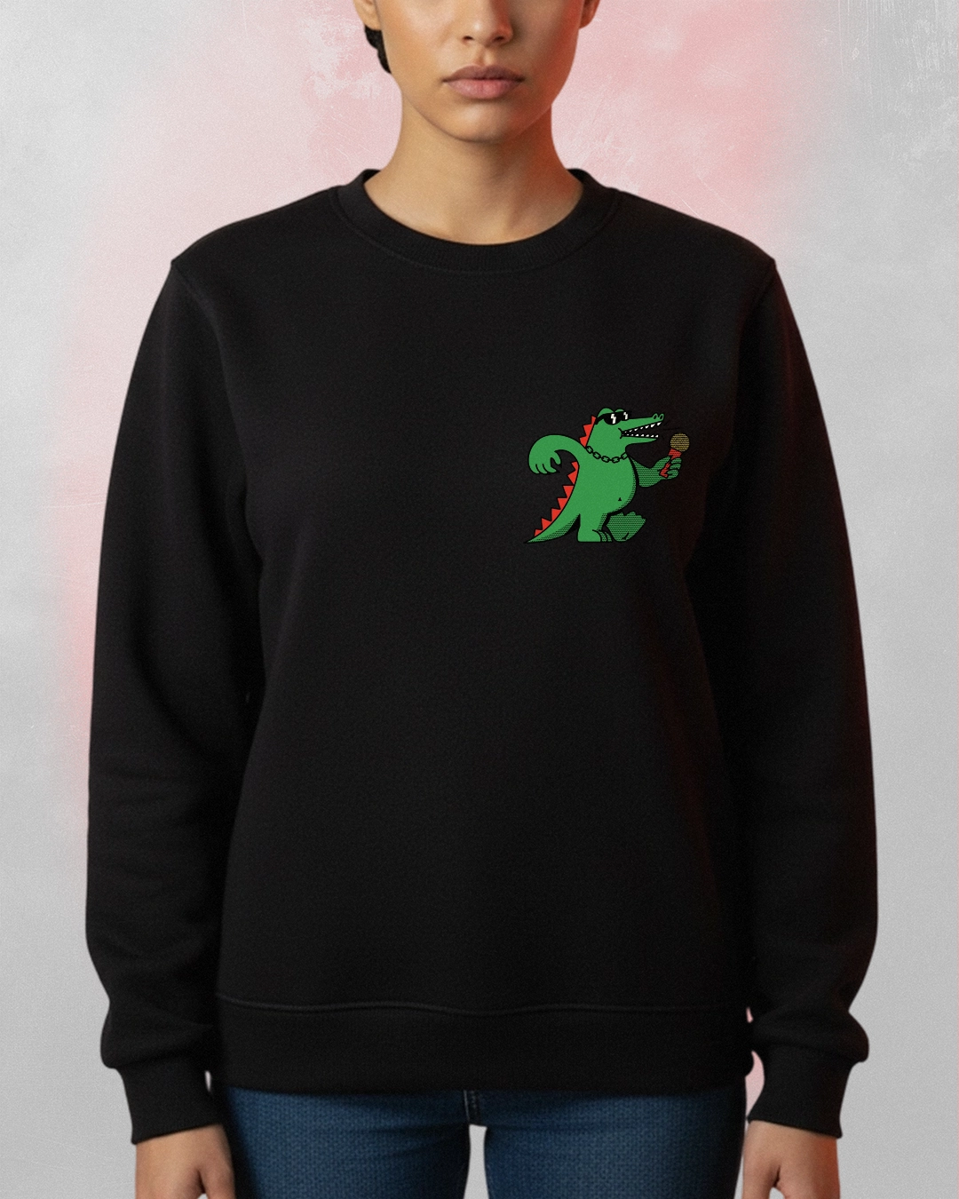 black sweatshirt with a Cartoon Crocodile Mic Sweatshirt printed on the chest.