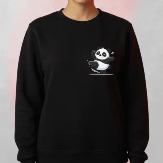 Model wearing a black Dancing Panda Cartoon Sweatshirt with a small graphic on the front.