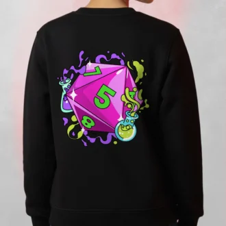 Model wearing a black Dice Cartoon Sweatshirt with a colorful cartoon dice illustration in vibrant 3D-style artwork.