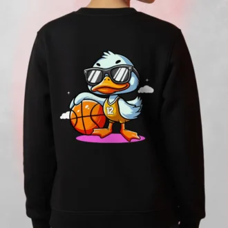 Model wearing a black Duck Basketball Cartoon Sweatshirt featuring a cartoon duck with sunglasses holding a basketball in bright, vibrant colors.