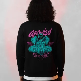 Growled Printed Sweatshirt Black cartoon with a colorful Growled graffiti-style character graphic on the back