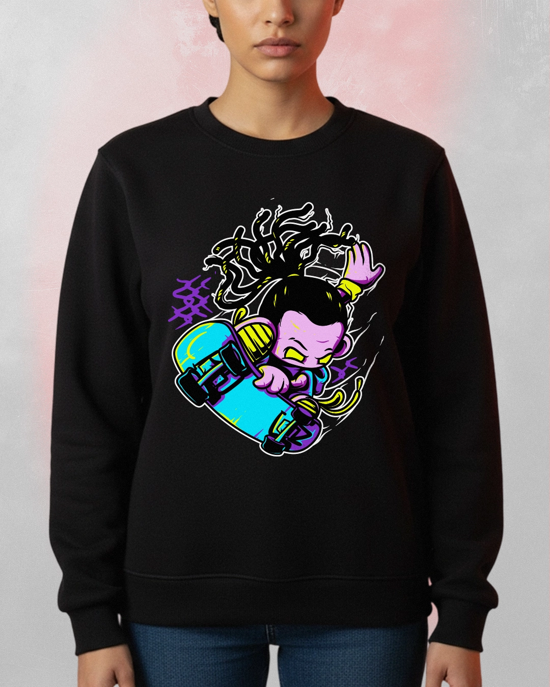 Neon Skater Cartoon Sweatshirt black with a vibrant neon cartoon skater graphic in purple, yellow, and cyan.