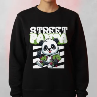 Model wearing a black Street Panda Cartoon Sweatshirt a cartoon panda in streetwear and graffiti-style “Street Panda” text.