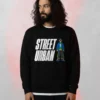 Model wearing a black Street Urban Cartoon Sweatshirt with bold text and colorful illustrated character.