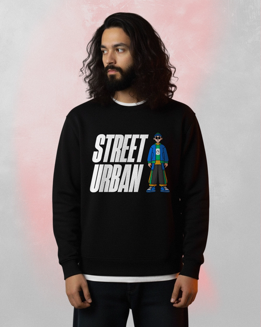 Model wearing a black Street Urban Cartoon Sweatshirt with bold text and colorful illustrated character.