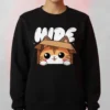 black sweatshirt with a cute cartoon printed sweatshirt cat hiding inside a box and the word HIDE printed above