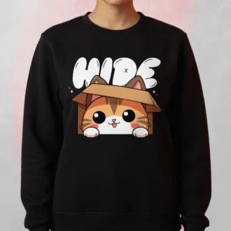black sweatshirt with a cute cartoon printed sweatshirt cat hiding inside a box and the word HIDE printed above