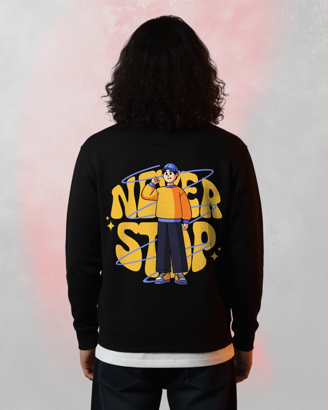 never stop printed sweatshirt Black cartoon with a character illustration and Never Stop text on the back